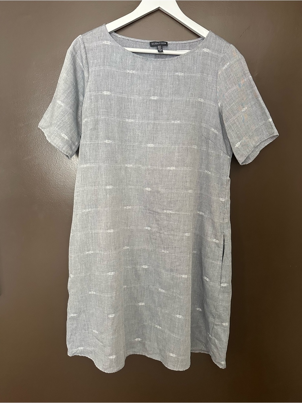 EILEEN FISHER Nomadic Stripe Organic Cotton/Cotton Shift Dress w/pockets Small